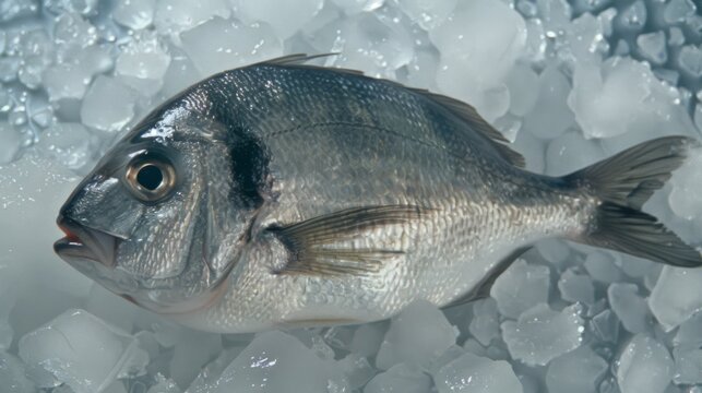  A photo shows a fish resting atop ice, with water drops beneath and surrounding it