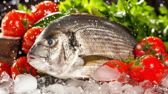  A close-up of an ice-piled fish with tomatoes and lettuce in the background