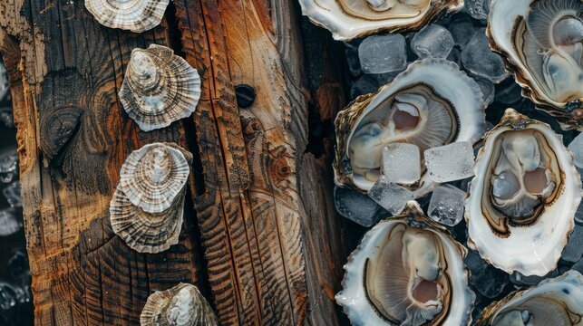 A collection of oysters atop a wooden table with an adjacent stack of ice on top of a wooden plank