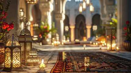 Ornamental Arabic lantern with burning candle glowing . Festive greeting card, invitation for Muslim holy month Ramadan Kareem.