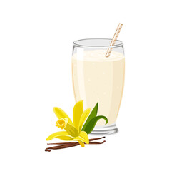 Vanilla protein shake in glass isolated on white background. Vector cartoon illustration.