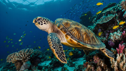 Obraz na płótnie Canvas Sea Turtle Gliding over Vibrant Coral Reef
