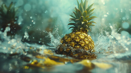 pineapple in the water , horizontal position - obrazy, fototapety, plakaty