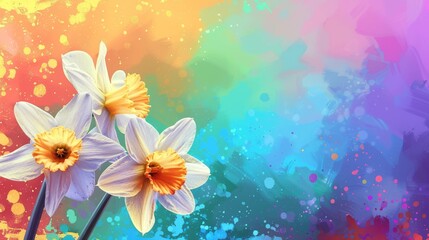  Two white and yellow daffodils in front of a colorful background with a splash of paint
