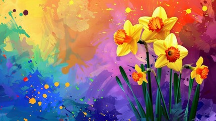  A yellow daffodil painting, set against a multi-colored backdrop, with a splash of vibrant paint