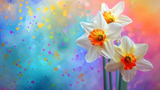  Two daffodils with contrasting hues against a vibrant backdrop featuring splashes of color