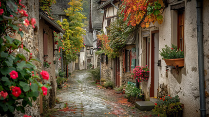 A picturesque, rainy scene down a cobblestone street lined with colorful flowers and historic homes