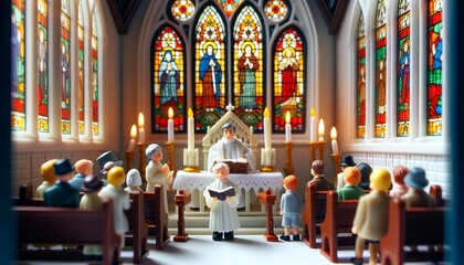 Fototapeta na wymiar Miniatur Figuren aus Plastik feiern einen Gottesdienst in einer Kirche.