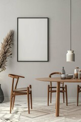 Scandinavian style dining room with modern furniture and poster frame mockup