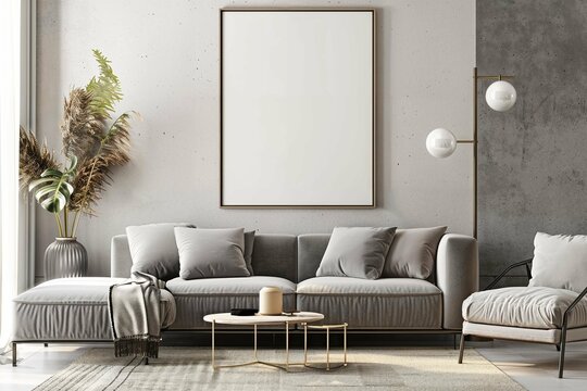 Sophisticated scandinavian living room with elegant sofa and mockup poster frame