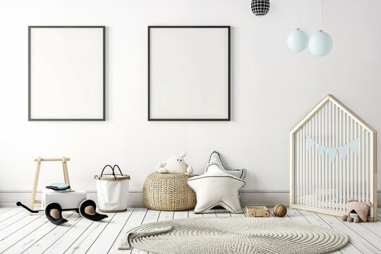 A charming kid's room with twin mock up poster frames and wooden toys, in a Scandinavian design