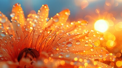  Close-up photo of a flower with droplets of water and sun behind
