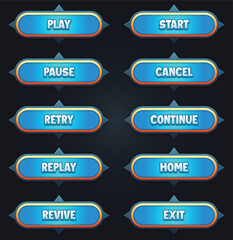 Game ui set of blue buttons with editable text effect gui to build 2d games game buttons kit