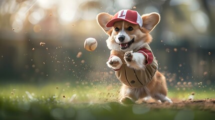 Playful Corgi Batter Swinging Miniature Baseball Bat in Baseball Uniform