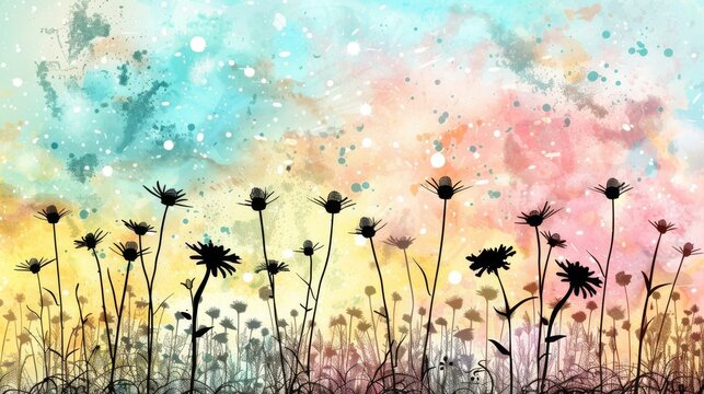 A field of wildflowers, against a vibrant sky, splashed with paint - a captivating painting