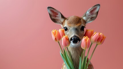  A detailed photo of a deer surrounded by tulips against a soft pink backdrop