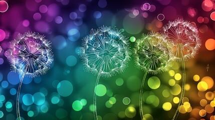  A field of dandelions glowing with colorful lights on a green background