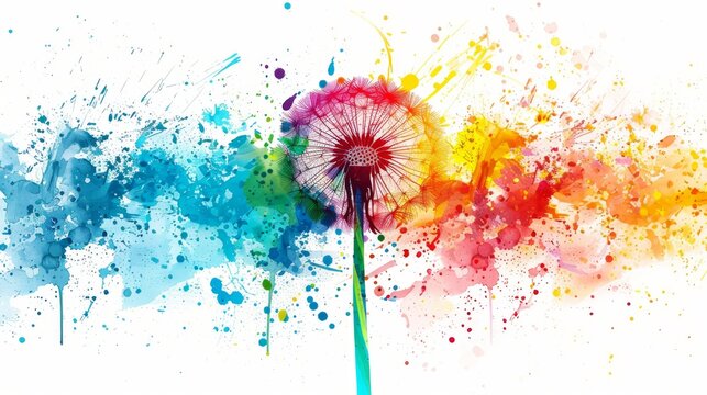  Watercolor painting of a dandelion with paint splatters on the side
