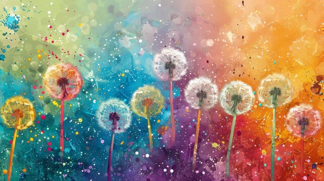  A dandelion painting on a multi-colored backdrop with paint droplets