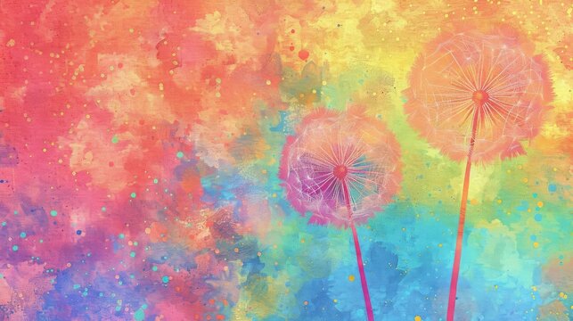  A painting of two dandelions against a multi-colored backdrop featuring splashes of paint