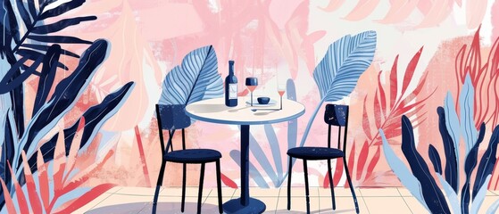 A romantic restaurant for a romantic meal. Reserved sign on table. Round table with dishes, vase, wine and modern chairs. Café reservations. Cartoon illustration.
