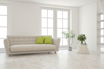 White living room with sofa. Scandinavian interior design. 3D illustration