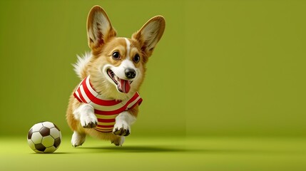Playful Corgi in Striped Uniform Chasing a Soccer Ball on Vibrant Green Background