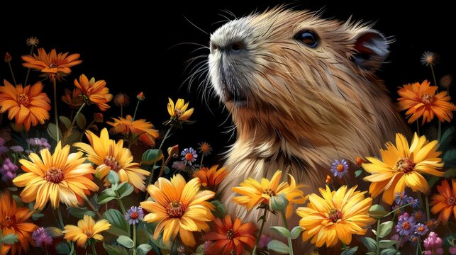  A painting of a rodent in a field of yellow and orange flowers