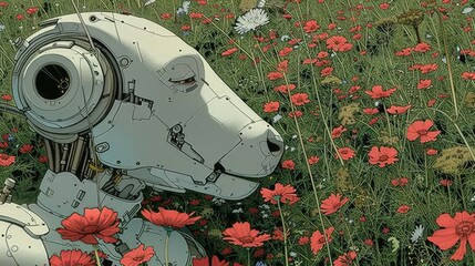  A dog standing in a field surrounded by flowers with a small mechanical device on its head and torso - obrazy, fototapety, plakaty