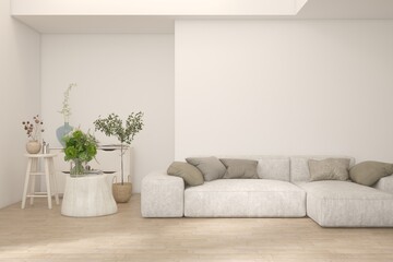 White living room with sofa. Scandinavian interior design. 3D illustration