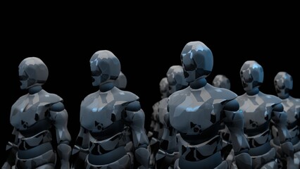 movement of a squad of humanoid robots, artificial intelligence, dark background, 3D rendering, cyclic animation - obrazy, fototapety, plakaty
