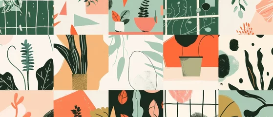 Poster Plants and scenes - A greenhouse, beds, pots and shelves with plants, seeds and sprouts. Modern flat illustration. © Mark