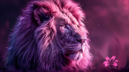  Purple background, pink flowers, lion in close up