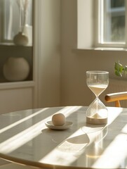 Hourglass on Clean White Table with Sunlight Through Window. Time Transition Concept