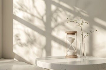 Hourglass on White Surface in Minimalist Setting, Sunlight Through Window. Time Passing Concept