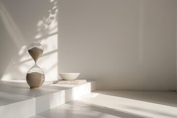 Sand Timer on White Table in Serene, Minimalistic Environment. Time Flow Concept