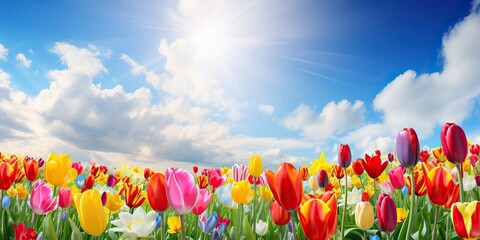 Panoramic flowers landscape of blooming colorful tulips field in spring, blue sky and sunshine - Flower background banner panorama