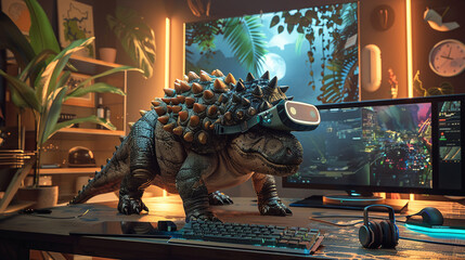 Ankylosaurus with VR set, in a gamer's den, ambient backlighting, bird's-eye view, 3D graphic - obrazy, fototapety, plakaty