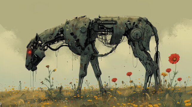  A horse in a field of flowers with a red eye under a gray sky