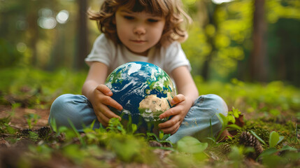 Child holding a globe in hands, hugging earth planet, earth day concept