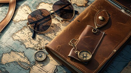 Fototapeta na wymiar Creative arrangement of travel accessories, including a world map, a vintage compass, stylish sunglasses, and a leather passport holder, laid out on a suitcase created with Generative AI Technology