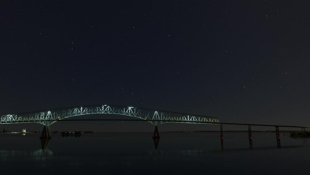 Crash Simulation - Nighttime drone aerial view of the Francis Scott Key Bridge - Baltimore and Dundalk in Maryland. United States