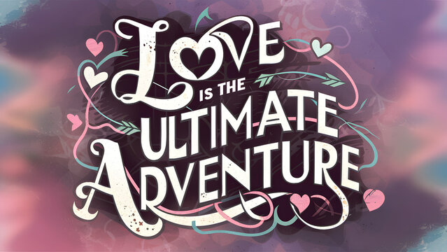 Abstract typography design with the words "Love is the Ultimate Adventure." The letters are crafted with a sense of movement, reminiscent of an adventurous journey.