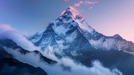 As twilight descends, the majestic mountain peak stands out with its snow-capped grandeur against the dusky blue sky - Powered by Adobe