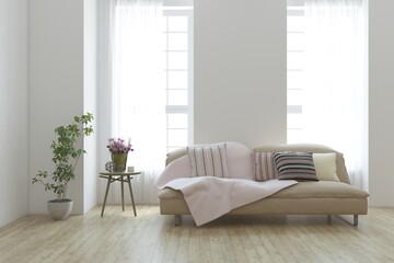 White living room with sofa. Scandinavian interior design. 3D illustration