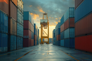 Fototapeta premium Port terminal storage of stacked cargo shipping containers for logistical purposes AI Generative