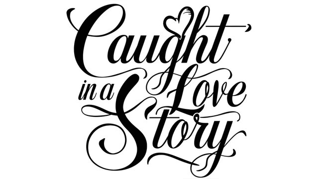 Striking typography design of "Caught in a Love Story" with intricate, swirling letters that intertwine like two people in love
