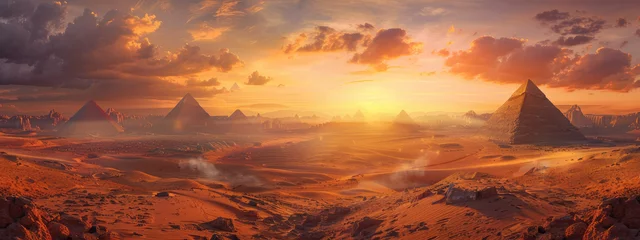  A panoramic view of the Pyramids in Egypt at sunset, with golden hues painting the sky and sand dunes © Kien