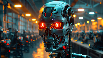 a large cyber robot head in the workshop with glowing red eyes, Generative AI 