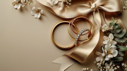  A high resolution close-up of two wedding rings and a vivid bouquet on a white background, adorned with satin ribbons